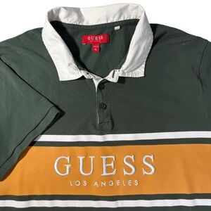Guess Los Angeles Mens Rugby Polo Shirt XL Green Yellow Colorblock Embroidered
